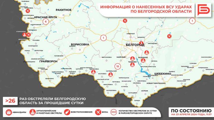 За прошедшие сутки ВСУ обстреляли Белгородскую область не менее 26 раз