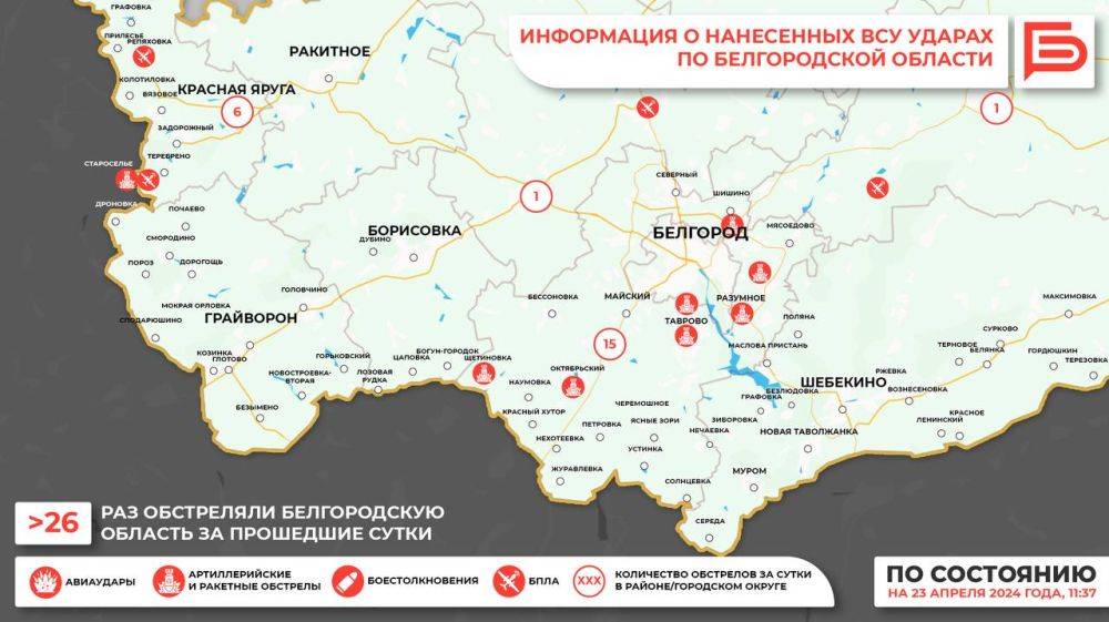 За прошедшие сутки ВСУ обстреляли Белгородскую область не менее 26 раз