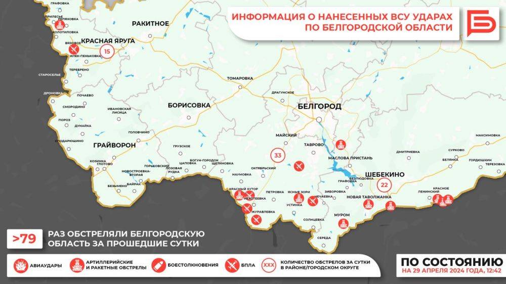 За прошедшие сутки ВСУ обстреляли Белгородскую область не менее 79 раз