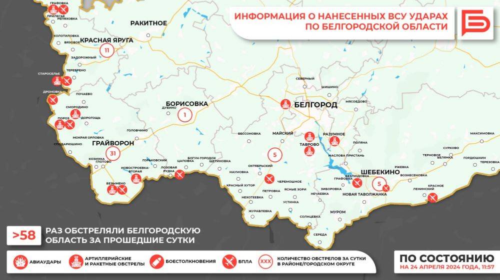 За прошедшие сутки ВСУ обстреляли Белгородскую область не менее 58 раз