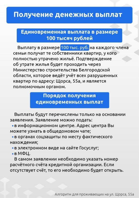 Жителям Белгорода, зарегистрированным по адресу Щорса, 55а, полагаются денежные выплаты