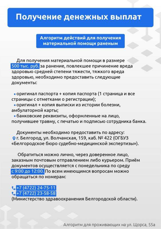 Жителям Белгорода, зарегистрированным на Щорса, 55а, полагаются денежные выплаты