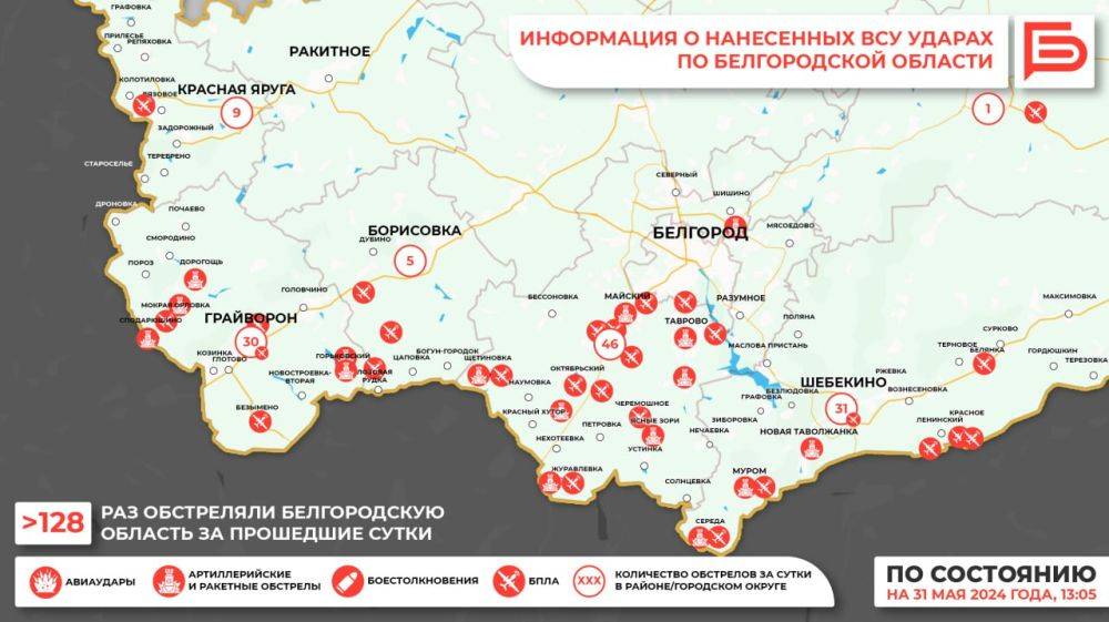 За прошедшие сутки ВСУ обстреляли Белгородскую область не менее 128 раз