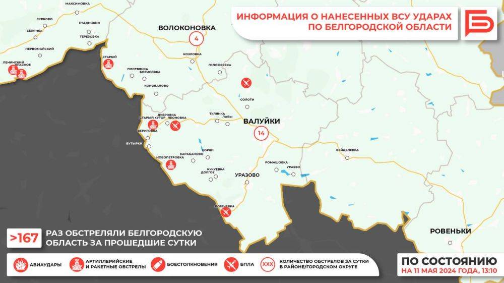 За прошедшие сутки ВСУ обстреляли Белгородскую область как минимум 167 раз