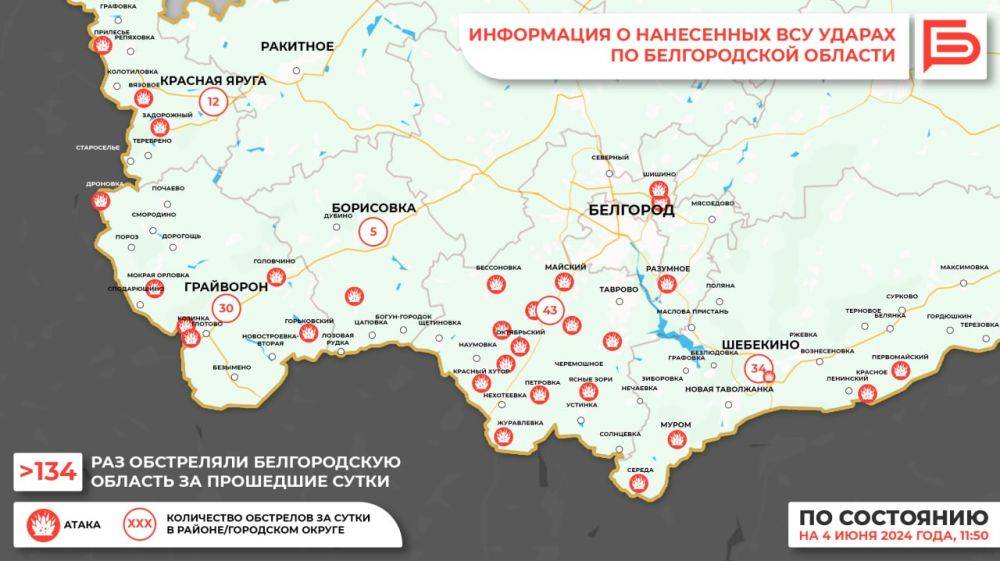 За прошедшие сутки ВСУ обстреляли Белгородскую область не менее 134 раз