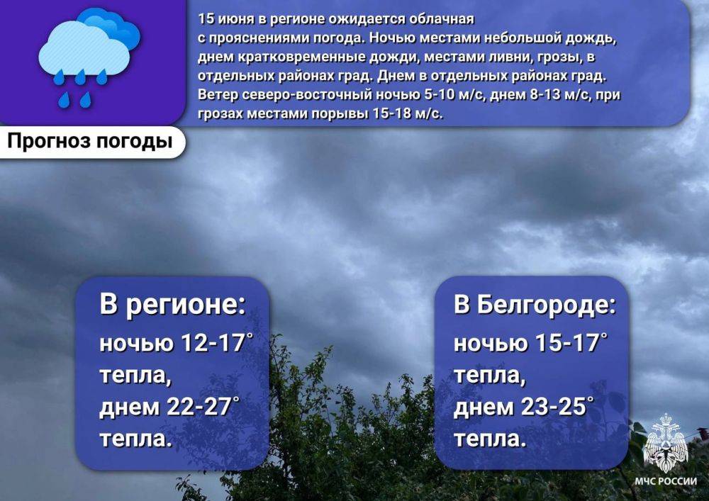 15 июня на территории Белгородской области прогнозируются порывы ветра до 18 м/с