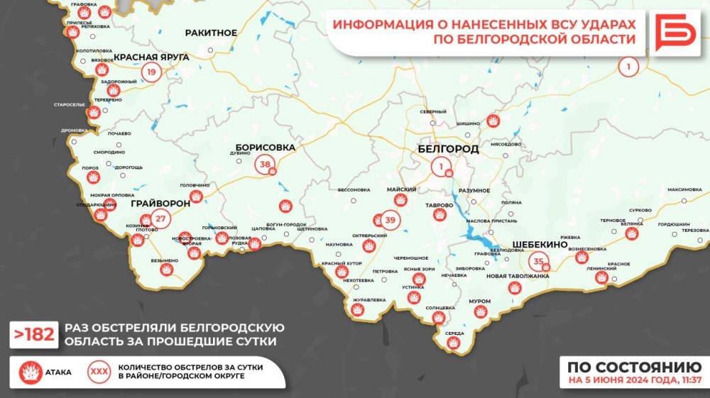 За прошедшие сутки ВСУ обстреляли Белгородскую область не менее 182 раз