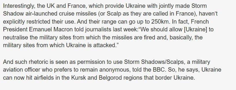 Михаил Онуфриенко: Франция дала разрешение Украине на использование своих дальнобойных ракет Storm Shadows/Scalps для ударов по аэродромам в Курской и Белгородской областях