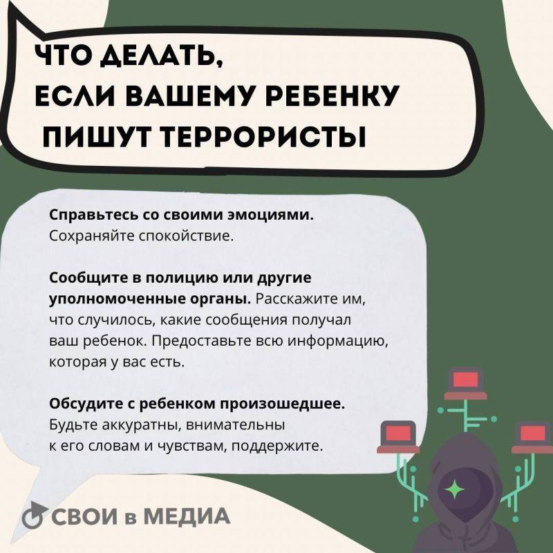 Что делать, если вашему ребенку пишут террористы, угрожают и предлагают совершить теракт? Рекомендации для родителей и подростков - в карточках: