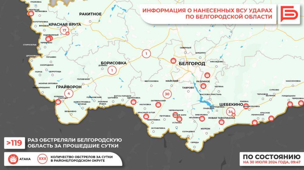 За прошедшие сутки ВСУ обстреляли Белгородскую область не менее 119 раз