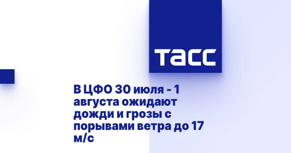 В ЦФО 30 июля - 1 августа ожидают дожди и грозы с порывами ветра до 17 м/с