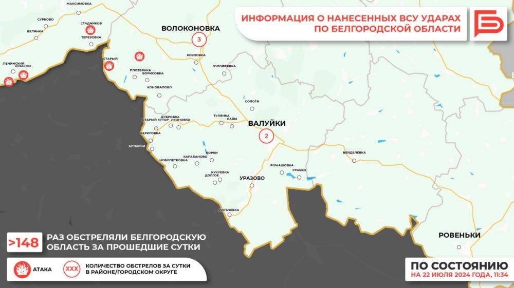 За прошедшие сутки ВСУ обстреляли Белгородскую область не менее 148 раз