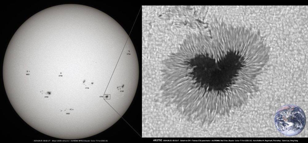 Всем солнечной любви. Сообщество наблюдательной астрономии AstroAlert обнаружили такое замечательное явление — пятно в виде сердца Оно расположено на видимой стороне солнечного диска в группе №3792