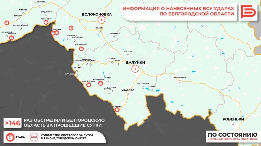 За прошедшие сутки ВСУ обстреляли Белгородскую область не менее 146 раз