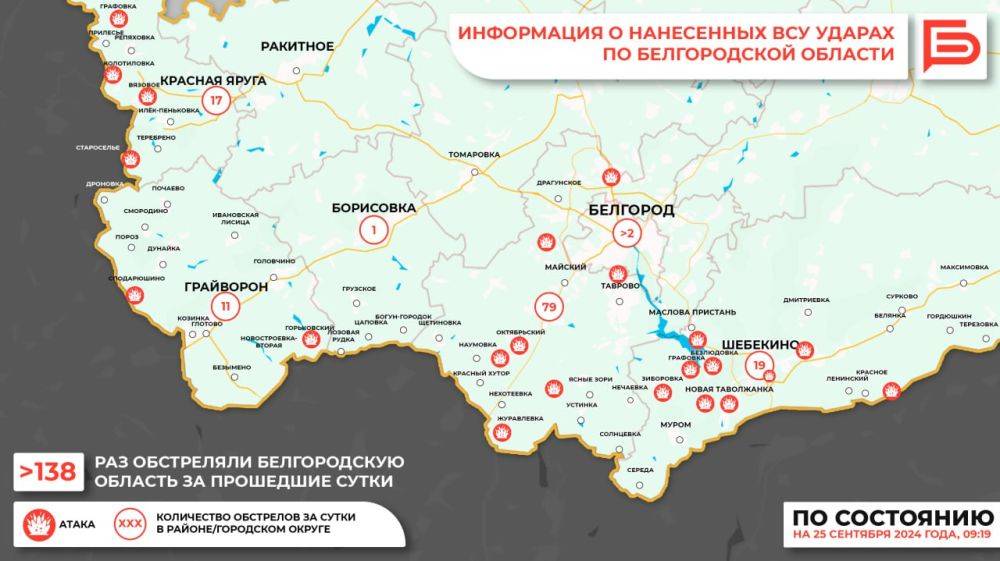 За прошедшие сутки ВСУ обстреляли Белгородскую область не менее 138 раз