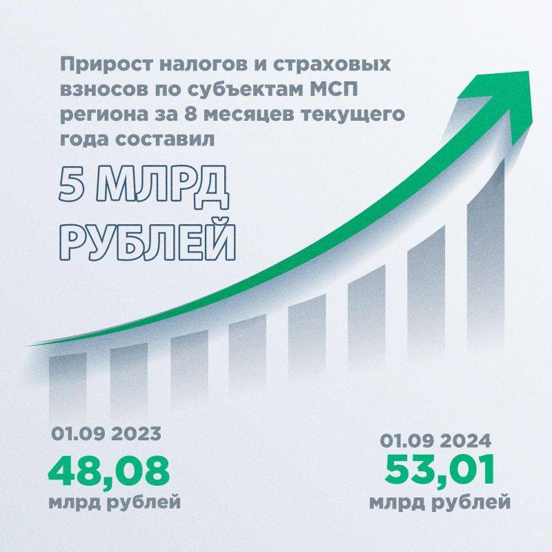 В Белгородской области прирост налогов и страховых взносов по субъектам МСП за 8 месяцев текущего года составил 5 млрд рублей