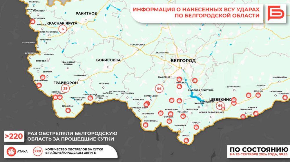 За прошедшие сутки ВСУ обстреляли Белгородскую область не менее 220 раз