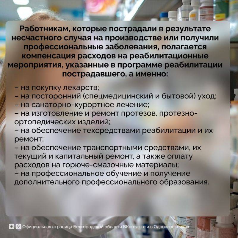 Более тысячи пострадавших на производстве белгородцев получили компенсацию расходов на лекарства в 2024 году