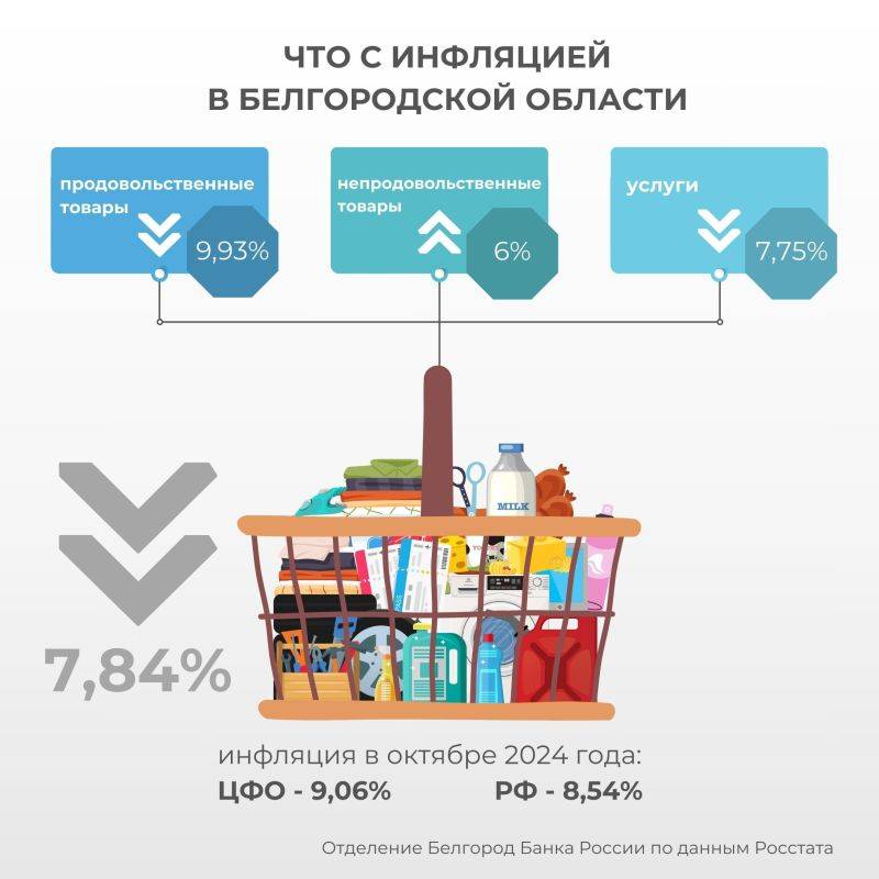 Годовая инфляция в Белгородской области в октябре 2024 года уменьшилась до 7,84% после 8,20% в сентябре