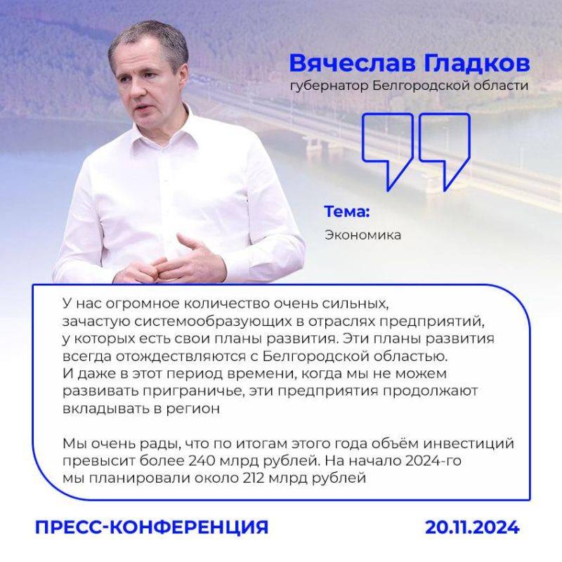 Объём инвестиций в экономику Белгородской области в 2025 году составит около 265 млрд рублей