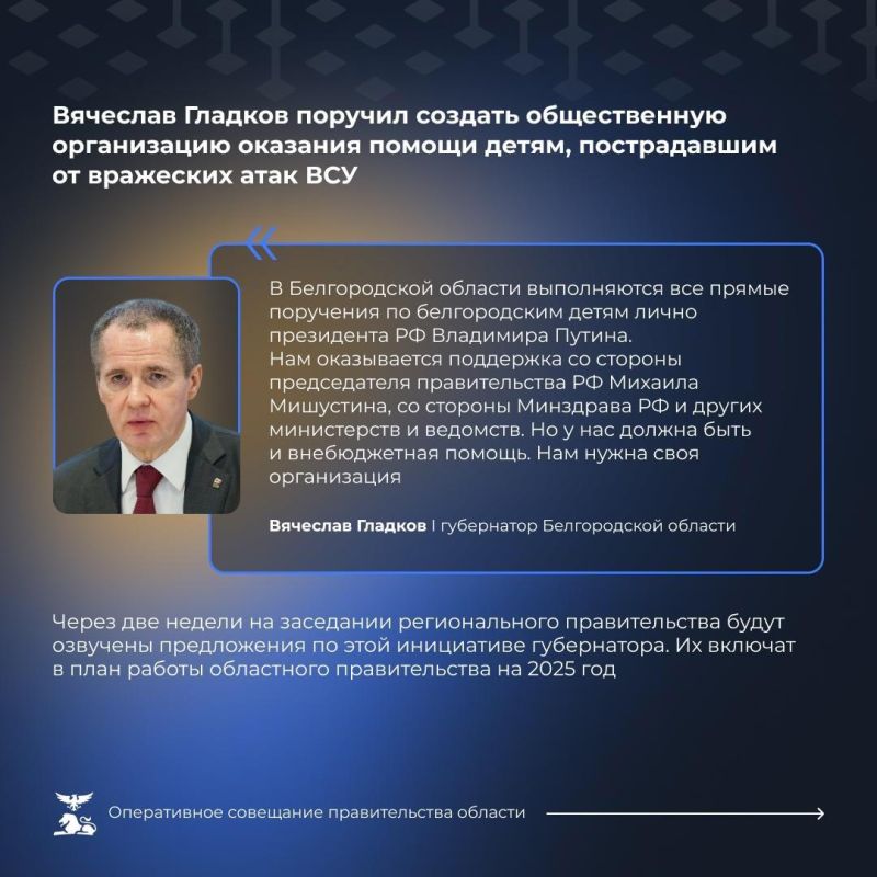 Вячеслав Гладков поручил создать общественную организацию оказания помощи детям, пострадавшим от вражеских атак ВСУ