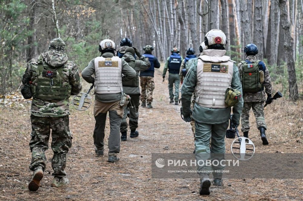 Сводный отряд разминирования МЧС России собирает и ликвидирует неразорвавшиеся кумулятивно-осколочные суббоеприпасы M77 DPICM от ракет M30 GMLRS ранней модификации, переданных из США на Украину