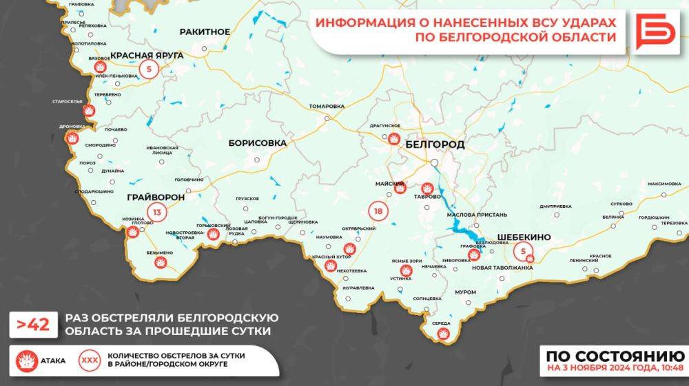 За прошедшие сутки ВСУ обстреляли Белгородскую область не менее 42 раз