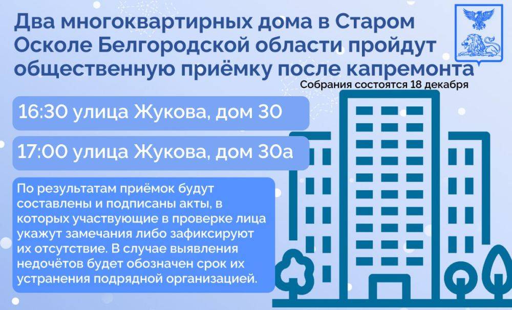 Два многоквартирных дома в Старом Осколе Белгородской области пройдут общественную приёмку после капитального ремонта