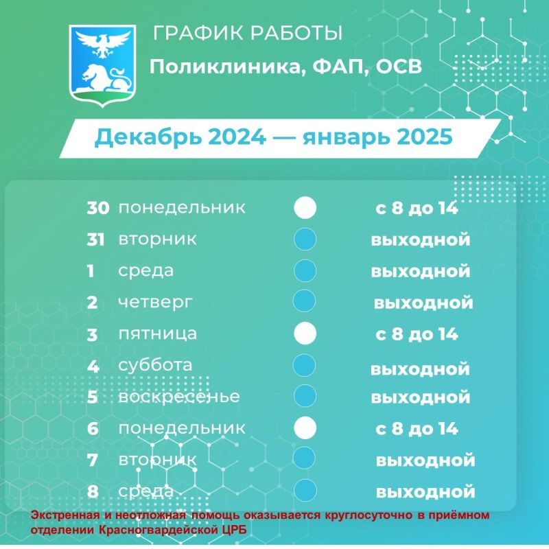 Делимся графиком работы учреждений здравоохранения в новогодние праздники