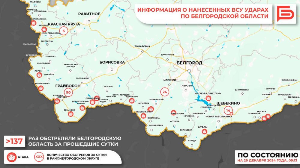 За прошедшие сутки ВСУ обстреляли Белгородскую область не менее 137 раз