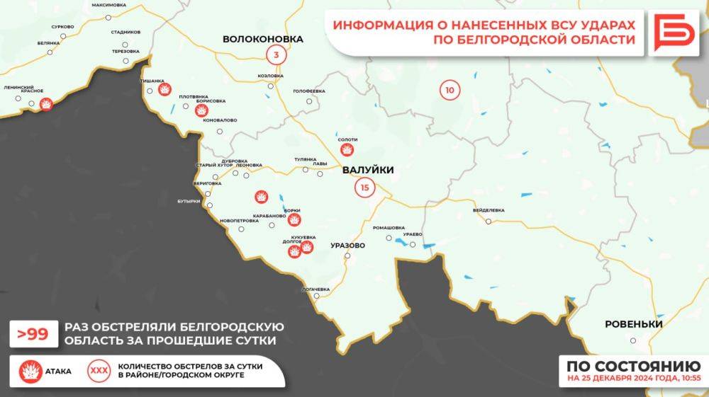 За прошедшие сутки ВСУ обстреляли Белгородскую область не менее 99 раз