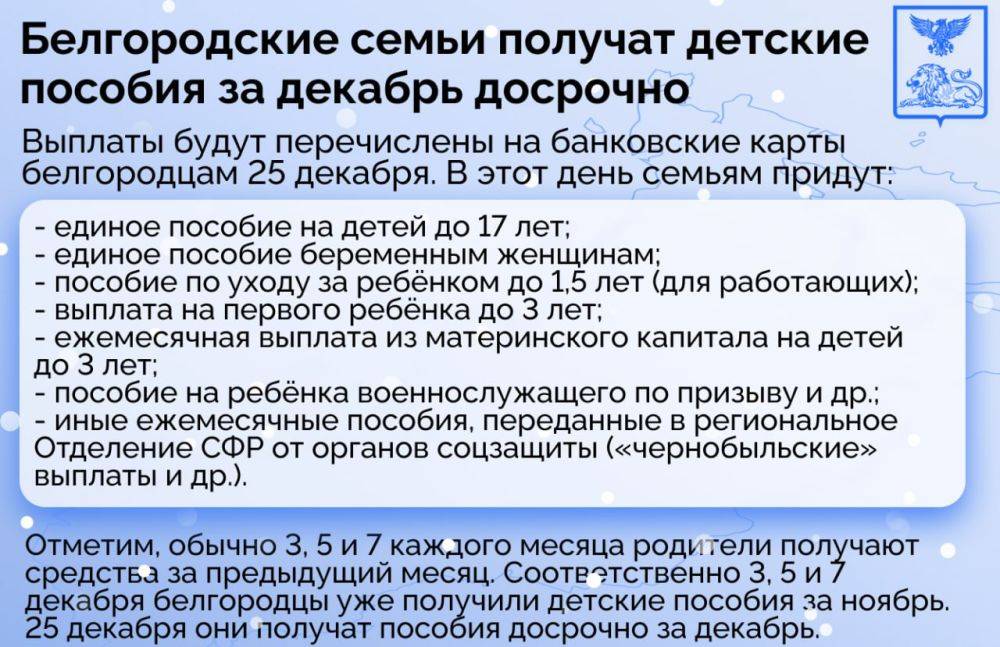 Белгородские семьи получат детские пособия за декабрь досрочно