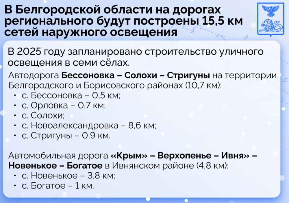 В Белгородской области на дорогах регионального значения планируется построить 15,5 км сетей наружного освещения