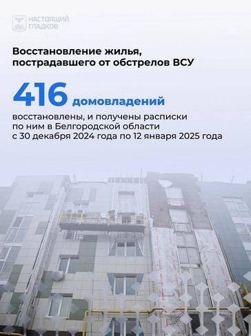 Гладков назвал адреса, по которым восстановили повреждённое обстрелами жильё белгородцев