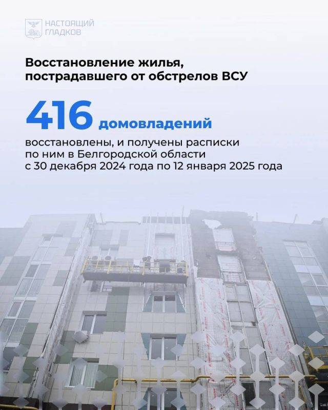 Вячеслав Гладков: Продолжаю размещать карточки с адресами, на которых выполнены работы по восстановлению жилья