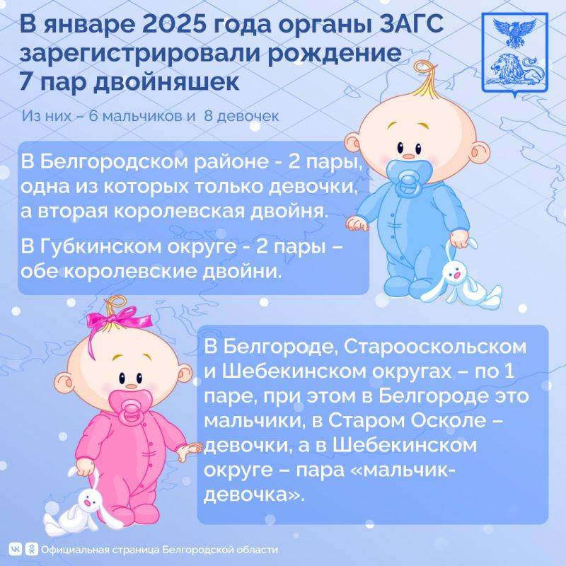 В январе 2025 года органы ЗАГС Белгородской области зарегистрировали рождение 7 пар двойняшек