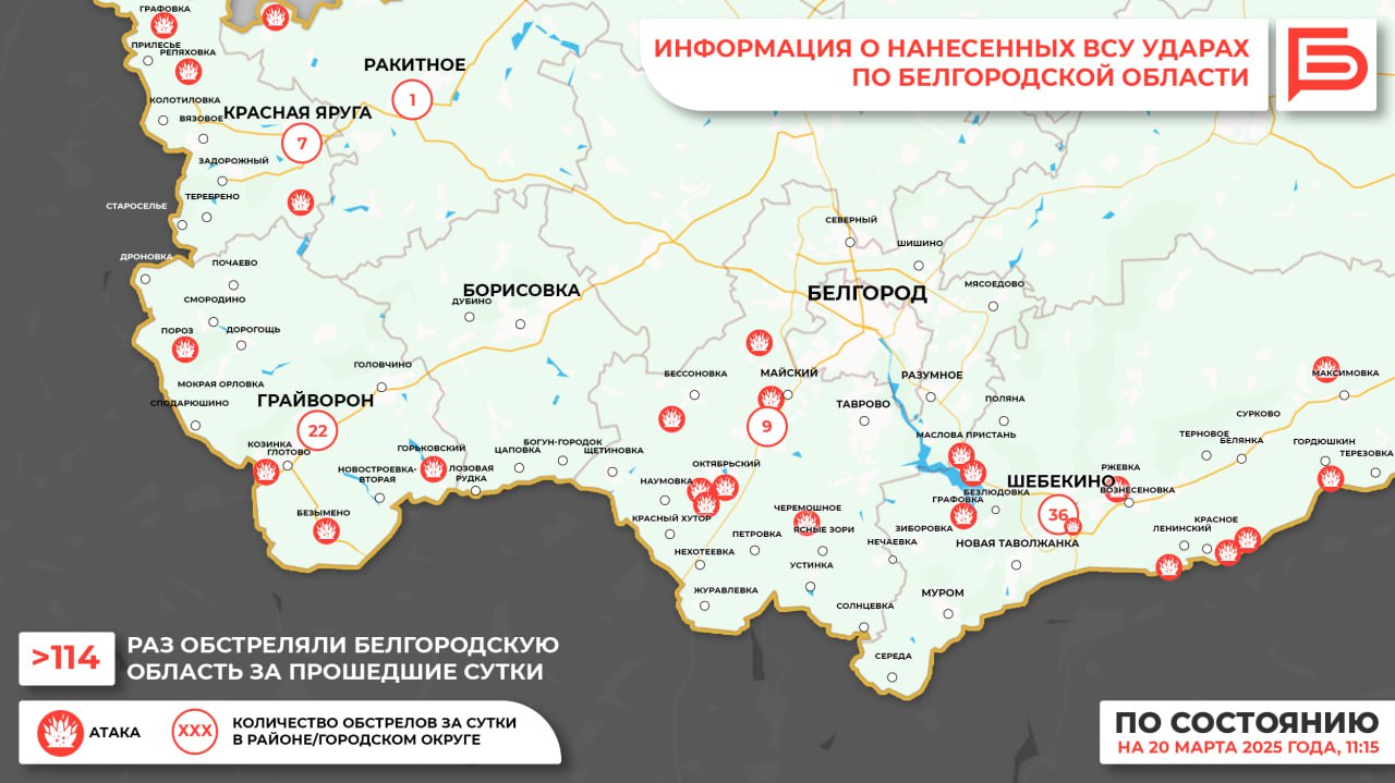 За прошедшие сутки ВСУ обстреляли Белгородскую область не менее 114 раз