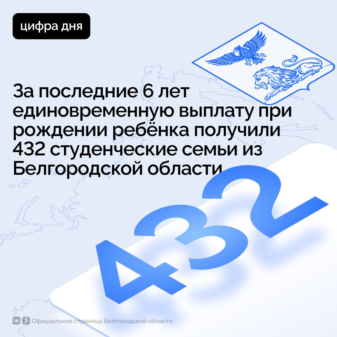 За последние 6 лет единовременную выплату при рождении ребёнка получили 432 студенческие семьи из Белгородской области